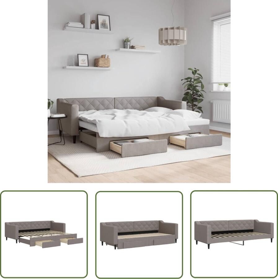VidaXL Slaapbank met onderschuifbed en lades 80x200 cm stof taupe Slaapbank Tweepersoonsbed Sofa Bed Lounge Meubilair Onderbed Lade