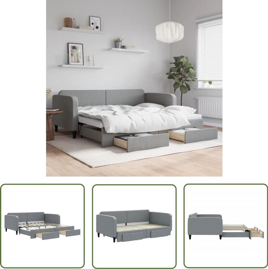 The Living Store Slaapbank met onderschuifbed en lades 90x190 cm stof lichtgrijs Slaapbank Tweepersoonsbed Opbergruimte Boxspring Sofa Bed