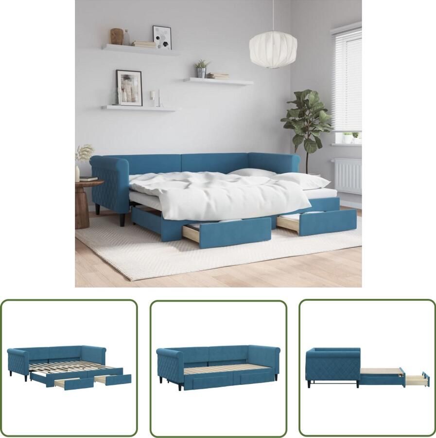 The Living Store Slaapbank met onderschuifbed en lades 90x200 cm fluweel blauw Slaapbank Tweepersoonsbed Boxspring Onder Schuifbed Multifunctioneel Meubilair
