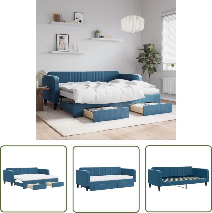 The Living Store Slaapbank met onderschuifbed en lades 90x200 cm fluweel blauw Slaapbank Tweepersoonsbed Sofa Bed Fluweelsofa Blauwe Sofa