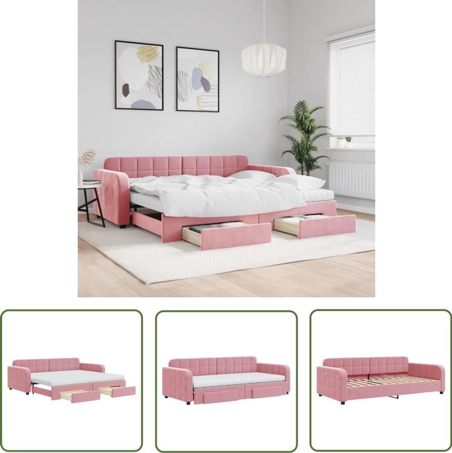 The Living Store Slaapbank met onderschuifbed en lades 90x200 cm fluweel roze Slaapbank Tweepersoonsbed Logeerbed Boxspring Meubels