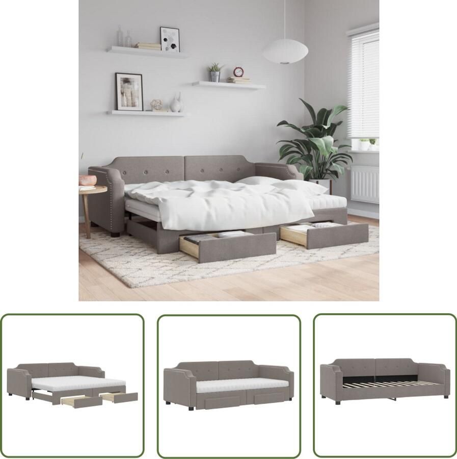 The Living Store Slaapbank met onderschuifbed en lades 90x200 cm stof taupe Slaapbank Tweepersoonsbed Onderschuifbed Boxspring Guest Bed