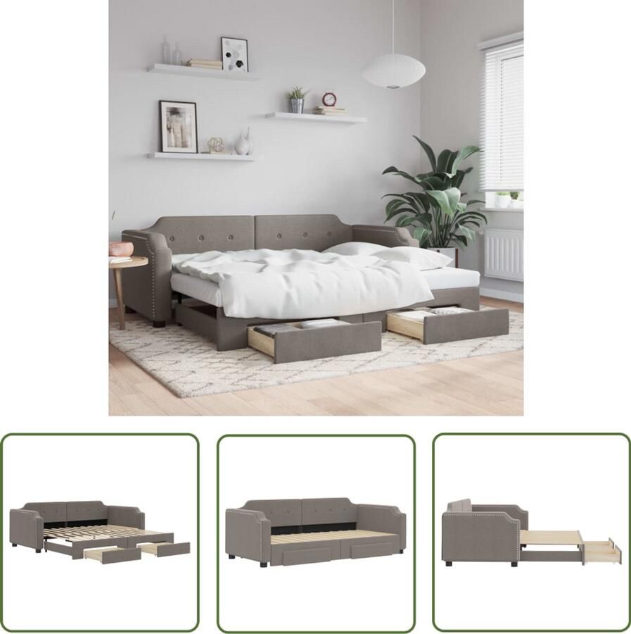 The Living Store Slaapbank met onderschuifbed en lades 90x200 cm stof taupe Slaapbank Tweepersoonsbed Opbergruimte Boxspring Lounge Sofa