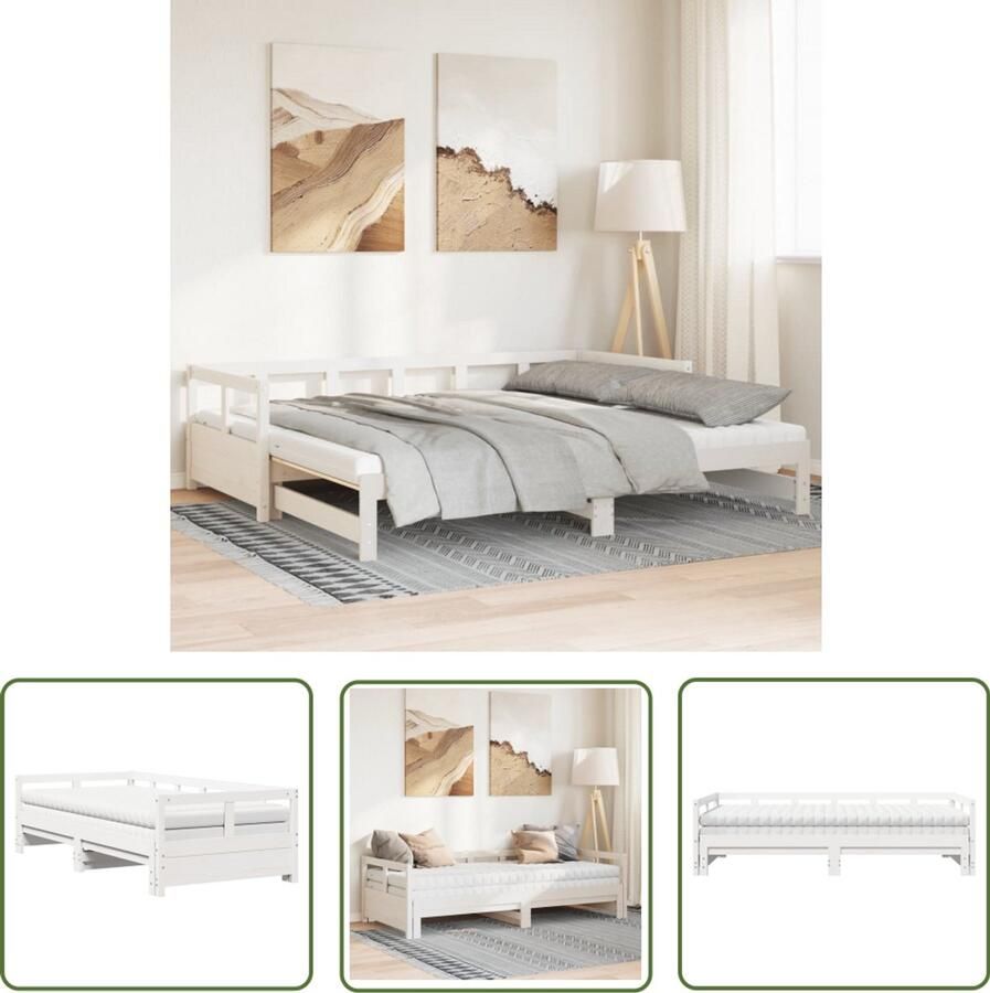 VidaXL Slaapbank met onderschuifbed en matras 90x190 cm grenenhout wit Slaapbank Tweepersoonsbed Boxspring Onderschuifbed Houten Bed