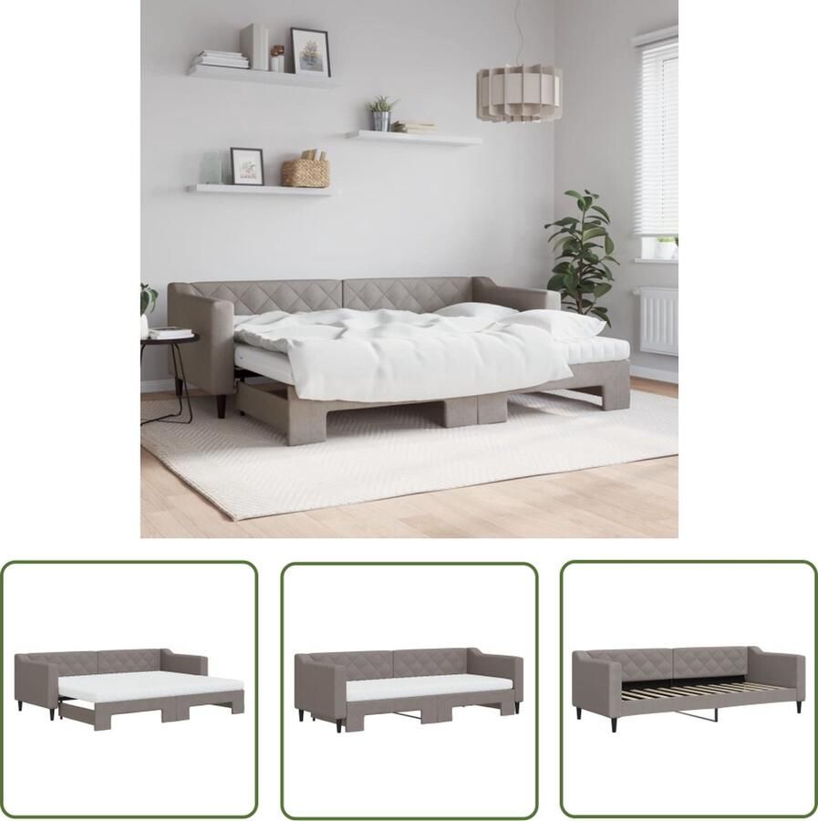 VidaXL Slaapbank met onderschuifbed en matrassen 80x200 cm stof taupe Slaapbank Tweepersoonsbed Sofa Bed Comfortabel Matras Taupecleur