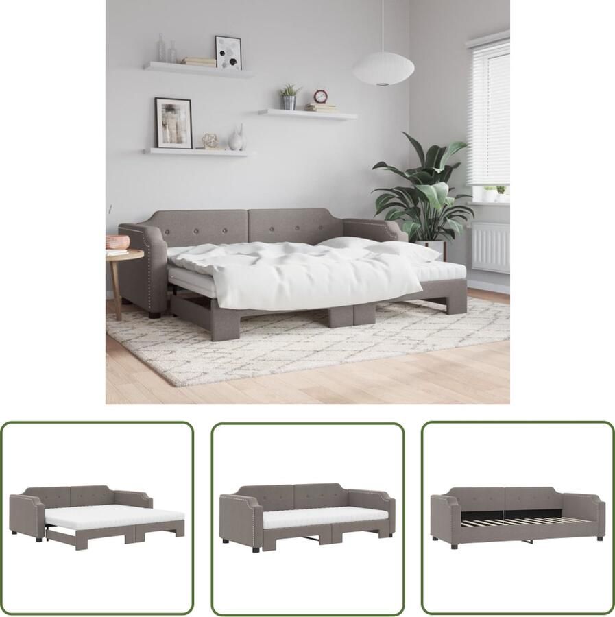 The Living Store Slaapbank met onderschuifbed en matrassen 80x200 cm stof taupe Slaapbank Tweepersoonsbed Sofa Bed Lounge Meubilair Taupecleur