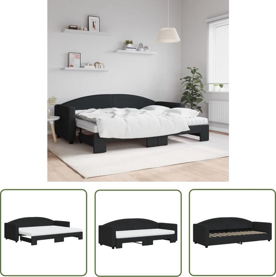 The Living Store Slaapbank 2-in-1 met Onderschuifbed Zwarte Stoffen Bekleding 223x90x75cm (BxDxH) Schuimmatras- 80x200x10cm Massief Houten Frame Slaapbank Tweepersoonsbed Sofa Bed Boxspring Zitzak