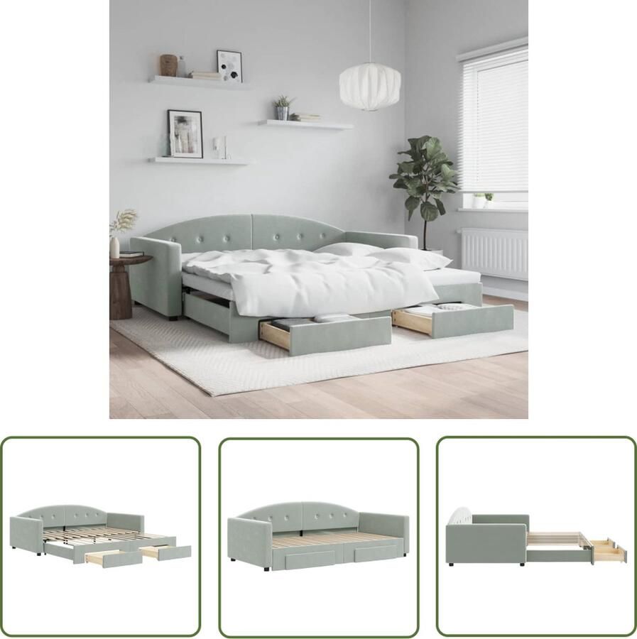 The Living Store Slaapbank onderschuifbed en lades 100x200 cm fluweel lichtgrijs Slaapbank Tweepersoonsbed Onder Schuifbed Opbergladekast Lounge Sofa