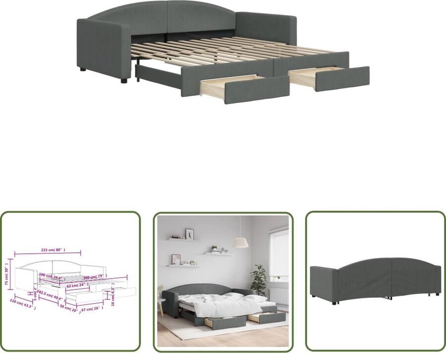 VidaXL Slaapbank onderschuifbed en lades 100x200 cm stof donkergrijs Slaapbank Tweepersoonsbed Donkere Meubels Opbergruimte Multifunctioneel Meubel - Foto 2