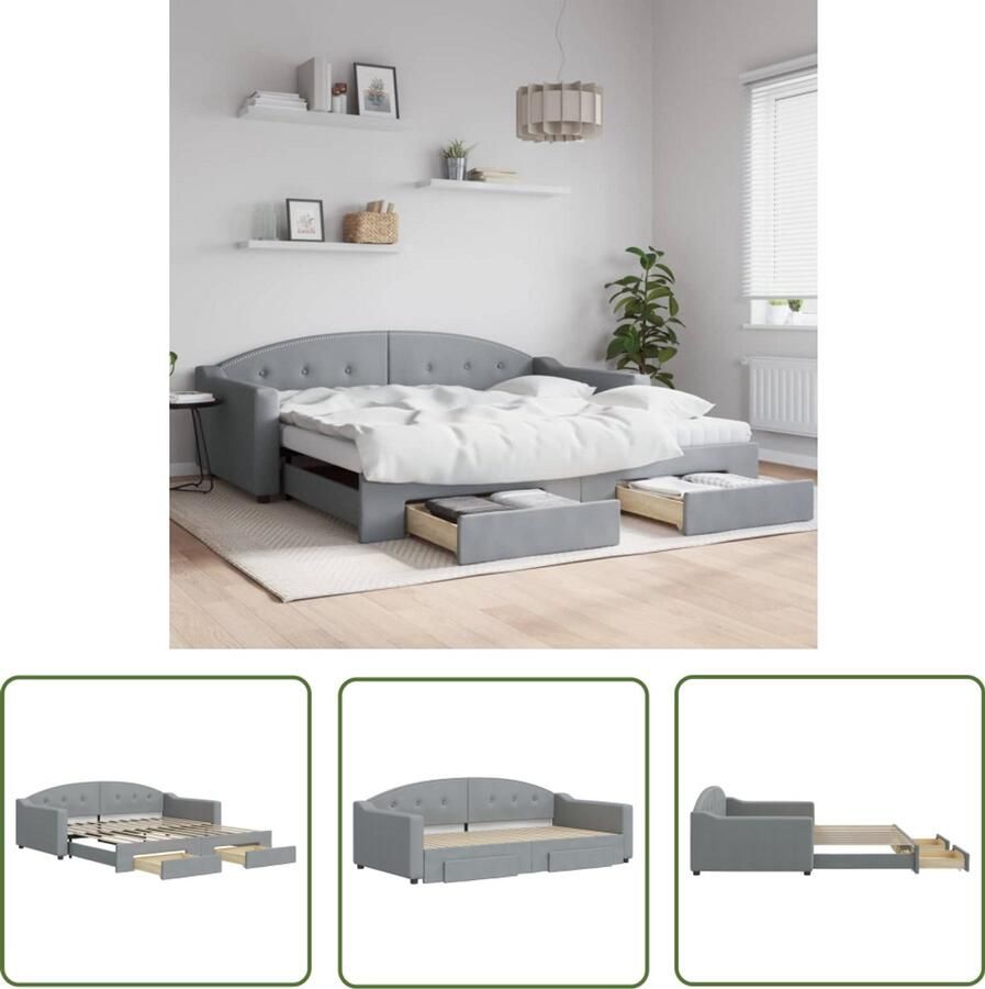 The Living Store Slaapbank onderschuifbed en lades 100x200 cm stof lichtgrijs Slaapbank Tweepersoonsbed Sofa Bed Multifunctioneel Meubilair Opbergmeubel