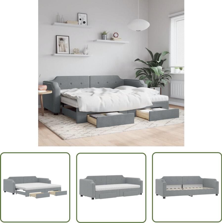 The Living Store Slaapbank onderschuifbed en lades 100x200 cm stof lichtgrijs Slaapbank Tweepersoonsbed Sofa Bed Opvouwbare Bank Multifunctionele Meubels