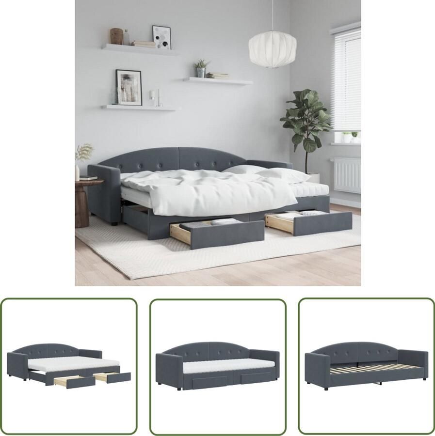 The Living Store Slaapbank onderschuifbed en lades 80x200 cm fluweel donkergrijs Slaapbank Tweepersoonsbed Onder Schuifbed Multifunctionele Meubels Donkere Kleuren