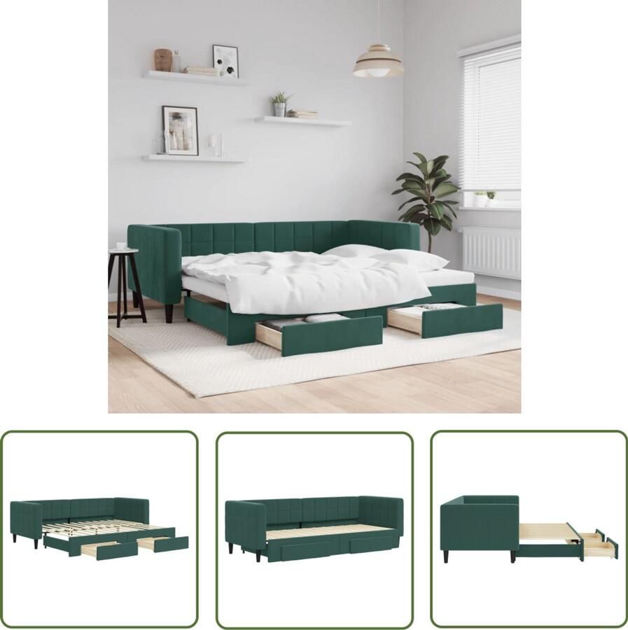 The Living Store Slaapbank onderschuifbed en lades 80x200 cm fluweel donkergroen Slaapbank Tweepersoonsbed Donkere Meubels Fluweel Sofa Boxspring