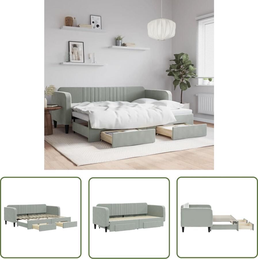 The Living Store Slaapbank 2-in-1 Lichtgrijs fluweel 223x90x75 cm Met opberglades Slaapbank Tweepersoonsbed Fluweelsofa Lounge Sofa Boxspring