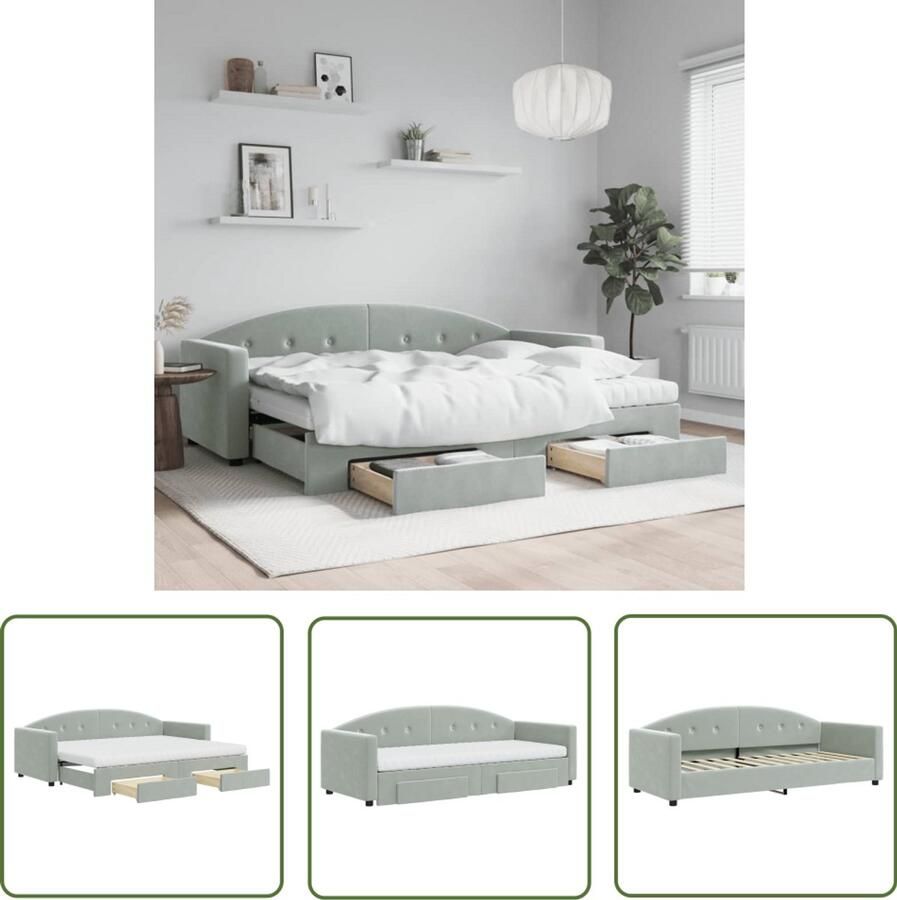 The Living Store Slaapbank onderschuifbed en lades 80x200 cm fluweel lichtgrijs Slaapbank Tweepersoonsbed Onderschuifbed Boxspring Meubels