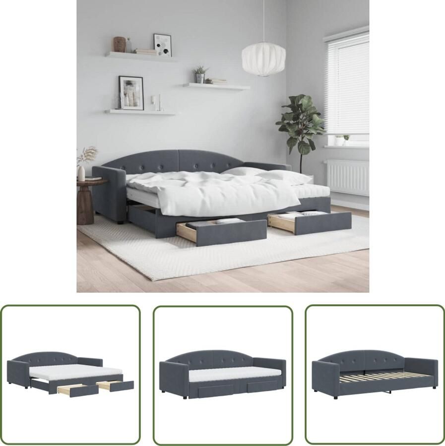 VidaXL Slaapbank onderschuifbed en lades 90x200 cm fluweel donkergrijs Slaapbank Tweepersoonsbed Boxspring Lounge Sofa Donkere Kleuren