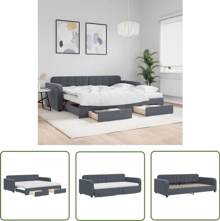 VidaXL Slaapbank onderschuifbed en lades 90x200 cm fluweel donkergrijs Slaapbank Tweepersoonsbed Donkere Kleuren Lounge Sofa Design Bank