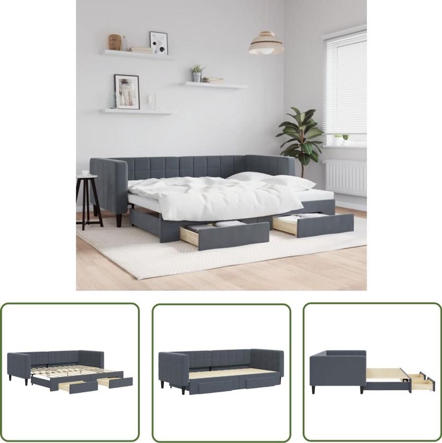 VidaXL Slaapbank onderschuifbed en lades 90x200 cm fluweel donkergrijs Slaapbank Tweepersoonsbed Onderschuifbed Boxspring Loungebank