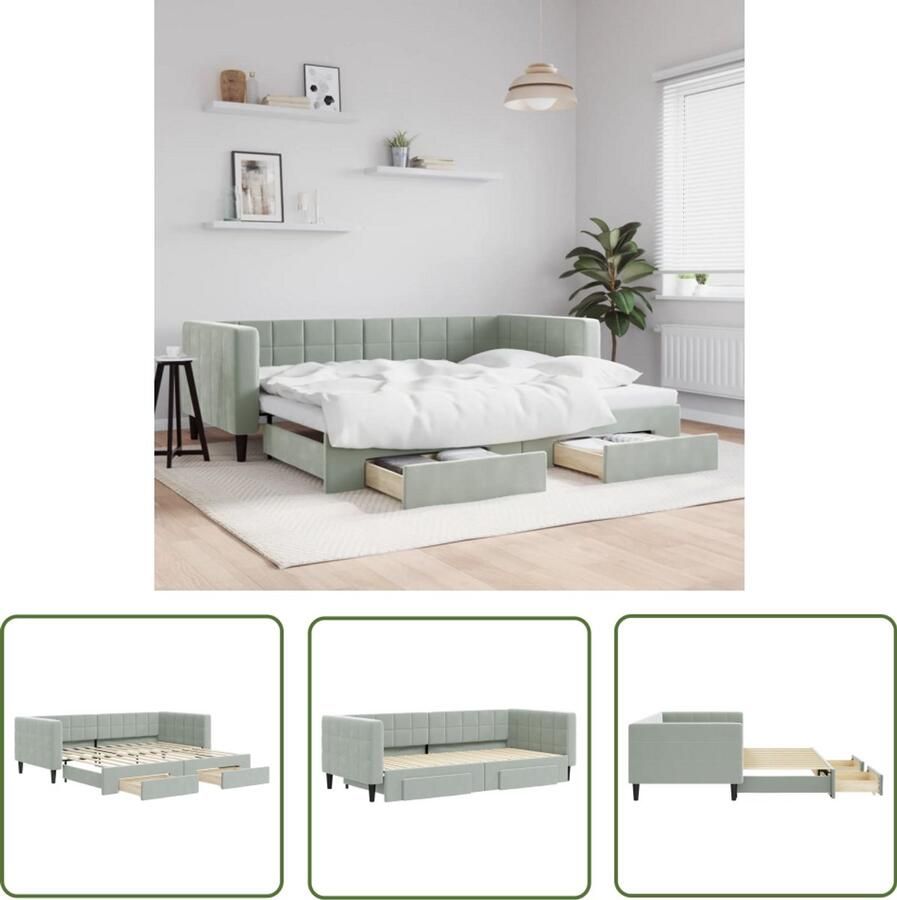 The Living Store Slaapbank onderschuifbed en lades 90x200 cm fluweel lichtgrijs Slaapbank Tweepersoonsbed Boxspring Onderbed Opslagoplossing