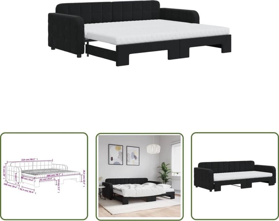 The Living Store Slaapbank 2-in-1 Zwart Fluweel 224x100x71 cm Comfortabel schuimmatras Slaapbank Tweepersoonsbed Sofa Bed Lounge Meubilair Zwarte Slaapbank