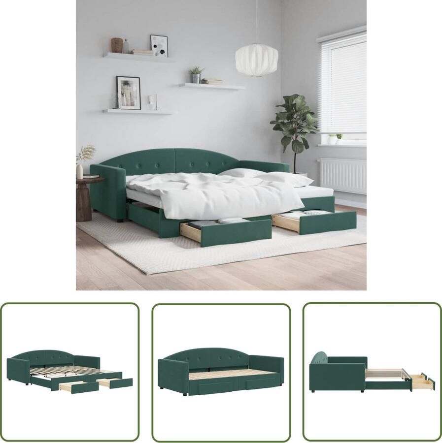 The Living Store Slaapbank 2-in-1 Donkergroen fluweel 222 x 110 x 75 cm Inclusief 2 bedlades Slaapbank Tweepersoonsbed Donkere Kleuren Lounge Meubels Multifunctioneel Meubel