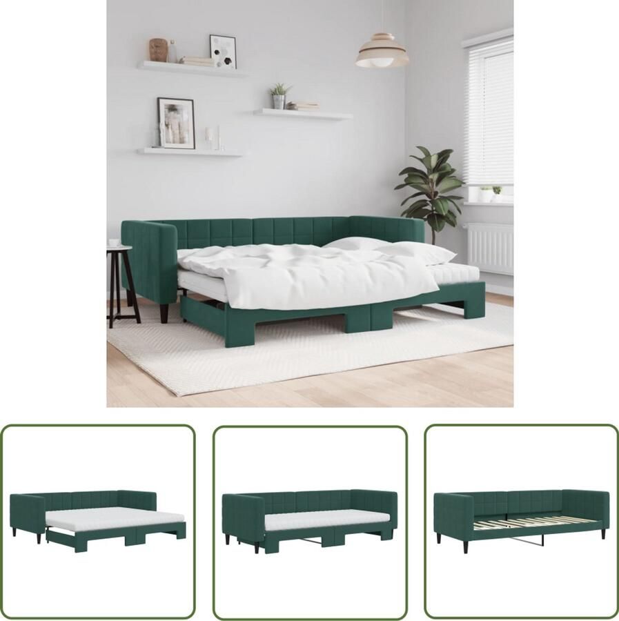 The Living Store Slaapbank onderschuifbed matrassen 90x200cm fluweel donkergroen Slaapbank Tweepersoonsbed Donkere Meubels Fluweel Sofa Lounge Bank