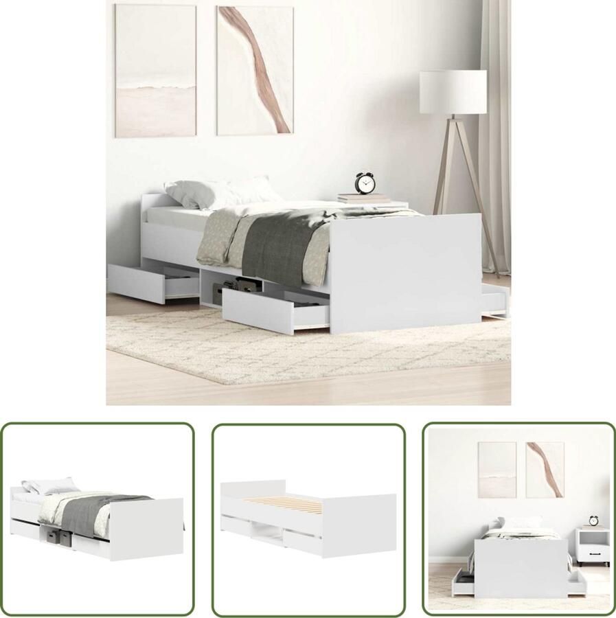 The Living Store Bedframe Logeerbed met lades en schappen 203 x 103 x 50 cm Multiplex lattenbodem Wit Slaapcomfort Tweepersoonsbed Houten Bed Frame Bed Met Lade Bed Met Opbergvakken