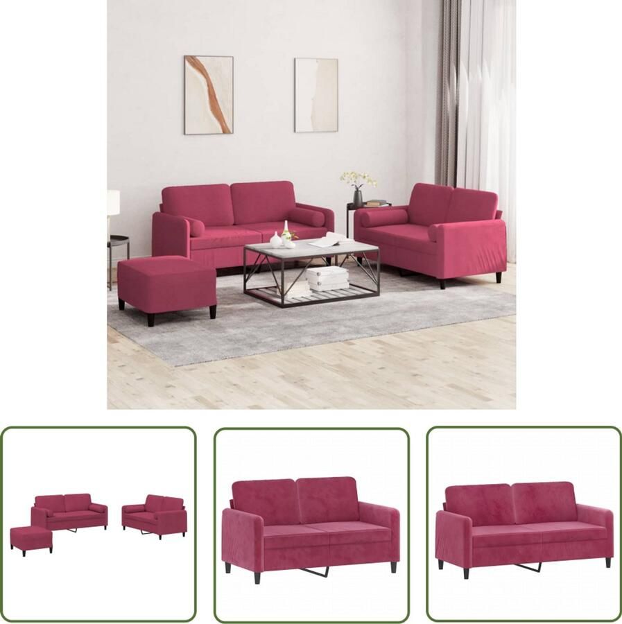 VidaXL 3-delige Loungeset met kussens fluweel wijnrood Lounge Set Tweezitsbank Fluweel Sofa Rode Bank Salon Meubilair