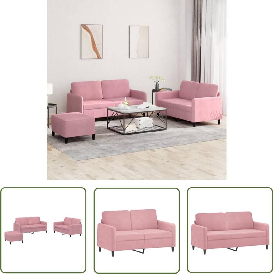 VidaXL Tweezitsbank Loungebank 3-delige Loungeset fluweel roze Velours Bank Roze Bank Salontafel