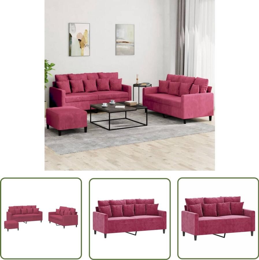 VidaXL Tweezitsbank Loungebank 3-delige Loungeset met kussens fluweel wijnrood Velvet Bank Rode Bank Salonset
