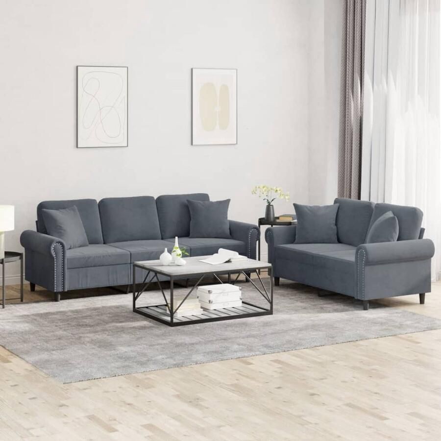 The Living Store Loungeset Bank 2-Zits en 3-Zits Donkergrijs Fluweel Comfortabel en Stabiel Loungeset Tweezitsbank Driezitsbank Fluweel Sofa Donkere Grijze Bank