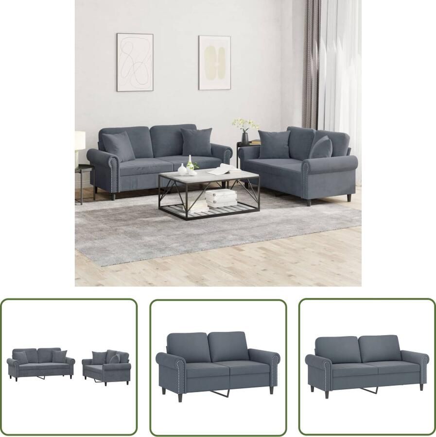 The Living Store Loungeset 2-zitsbank fluweel donkergrijs 140 cm Comfortabel en stabiel Loungeset Tweezitsbank Fluweel Sofa Grijs Meubilair Loungemeubel