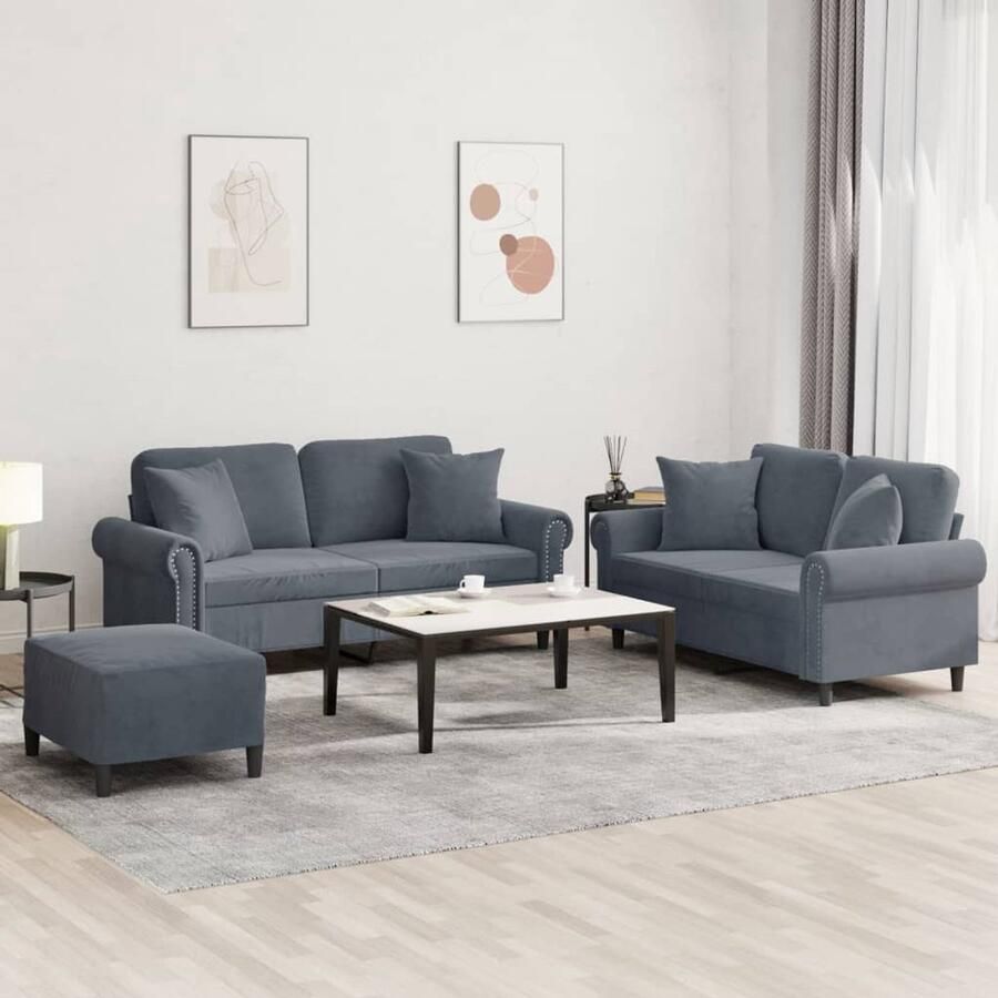 The Living Store 3-delige Loungeset met kussens fluweel donkergrijs Lounge Set Tweezitter Fluweel Sofa Grijs Sofa Salon Meubilair