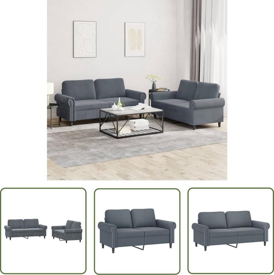 The Living Store Loungeset Tweezitsbank 2x Fluweel Donkergrijs Stevig Frame Comfortabel Zitkussen 140 cm Loungeset Tweezitter Velvet Grijs Salontafel