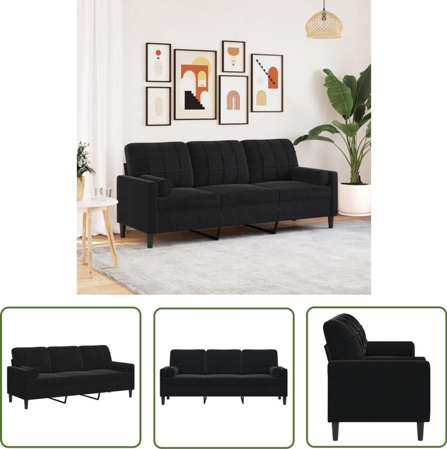 The Living Store Driezitsbank met sierkussens 180 cm fluweel zwart 3 Zits Bank Velours Bank Zwarte Bank Moderne Bank Salontafel