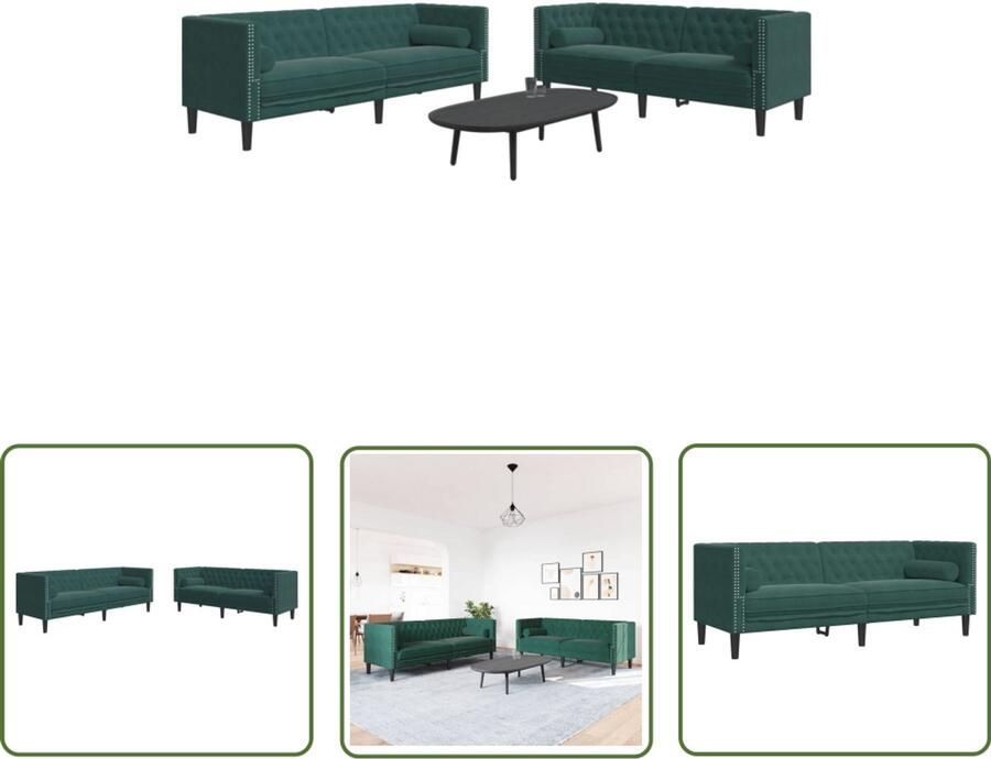 The Living Store 2-delige Loungeset Chesterfield en bolsters fluweel donkergroen Chesterfieldstijl Bank Velours Bank Donkergroene Bank Loungeset Zitzitting