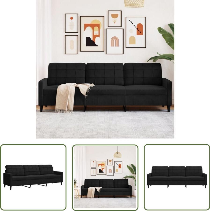 The Living Store Driezitsbank 210 cm fluweel zwart Drie Persoons Bank Velours Bank Zwarte Bank Salontafel Woonkamer Meubels