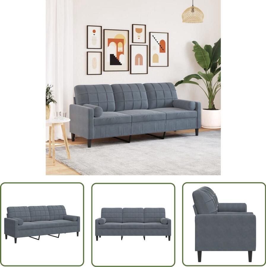 The Living Store Driezitsbank met sierkussens 180 cm fluweel donkergrijs Drie Persoons Bank Velours Bank Donkere Bank Bankstellen Grijs Salon Meubels