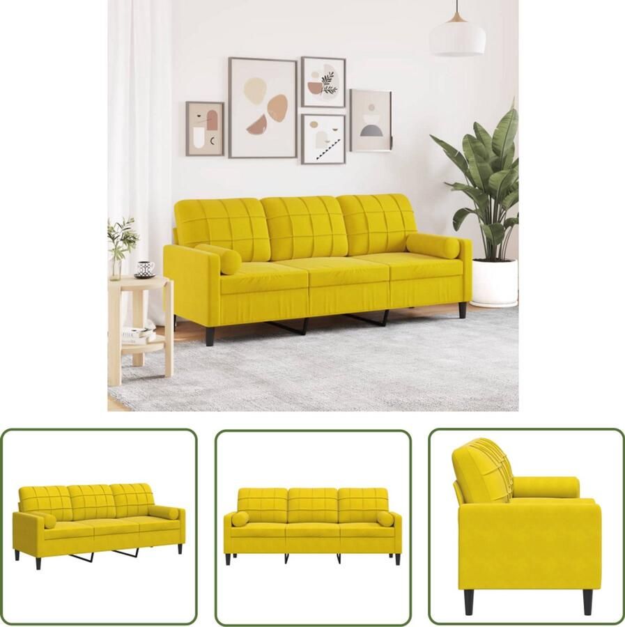 The Living Store Driezitsbank met sierkussens 180 cm fluweel geel Drie Persoonsbank Velours Bank Gele Bank Bankstel Salontafel