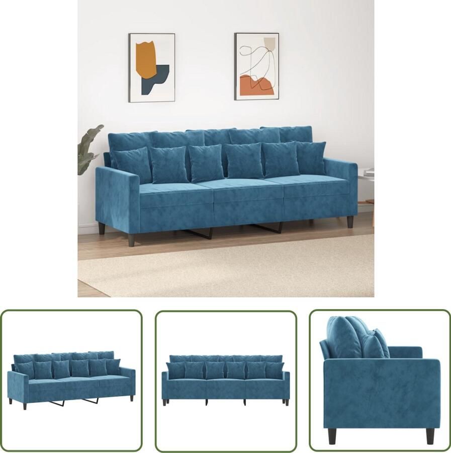 The Living Store Driezitsbank 180 cm fluweel blauw Drie Zits Bank Velours Bank Blauwe Bank Moderne Bank Salontafel