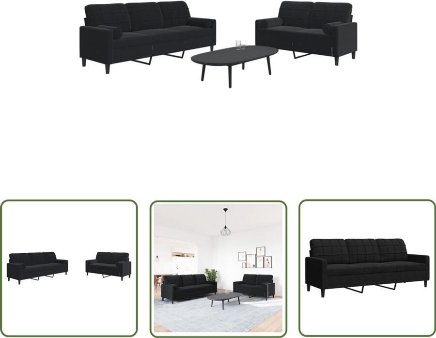 The Living Store 2-delige Loungeset met kussens en bolsters fluweel zwart Loungebank Velours Bank Zwarte Bank Tweezitsbank Driezitsbank