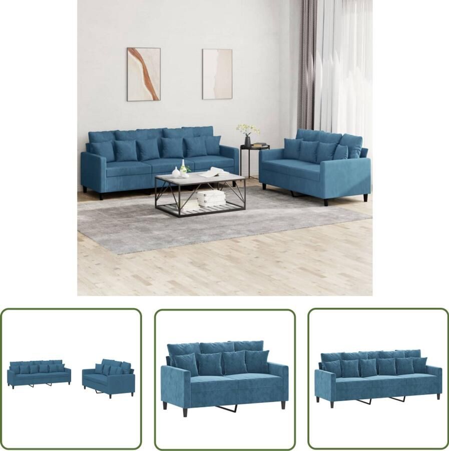 The Living Store 2-delige Loungeset met kussens fluweel blauw Loungebank Velours Bank Bankstel Buitenbank Tuinbank