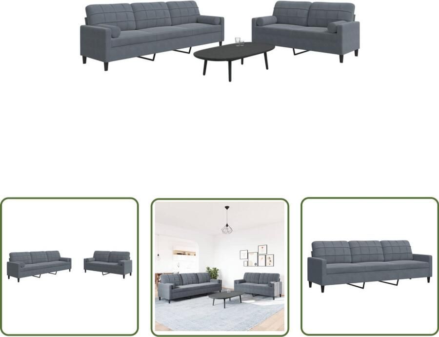 The Living Store 2-delige Loungeset met kussens en bolsters fluweel donkergrijs Loungeset Velours Bank Donkere Bank Tweezitsbank Driezitsbank