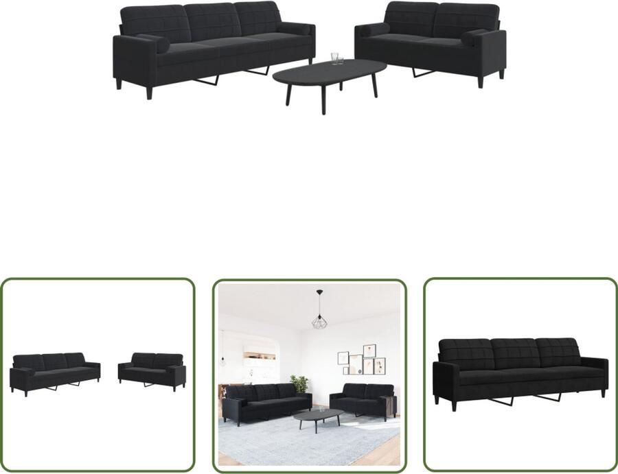 The Living Store 2-delige Loungeset met kussens en bolsters fluweel zwart Loungeset Velours Bank Zwarte Bank Moderne Bank 2 Persoons Bank