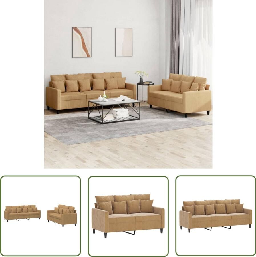 The Living Store 2-delige Loungeset met kussens fluweel bruin Loungeset Velours Bank Bruine Bank 2 Persoons Bank 3 Persoons Bank