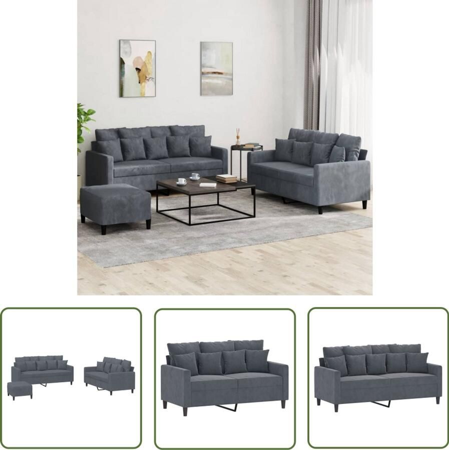 The Living Store 3-delige Loungeset met kussens fluweel donkergrijs Loungeset Velours Bank Donker Grijze Bank 2 Persoons Bank Zitzitting