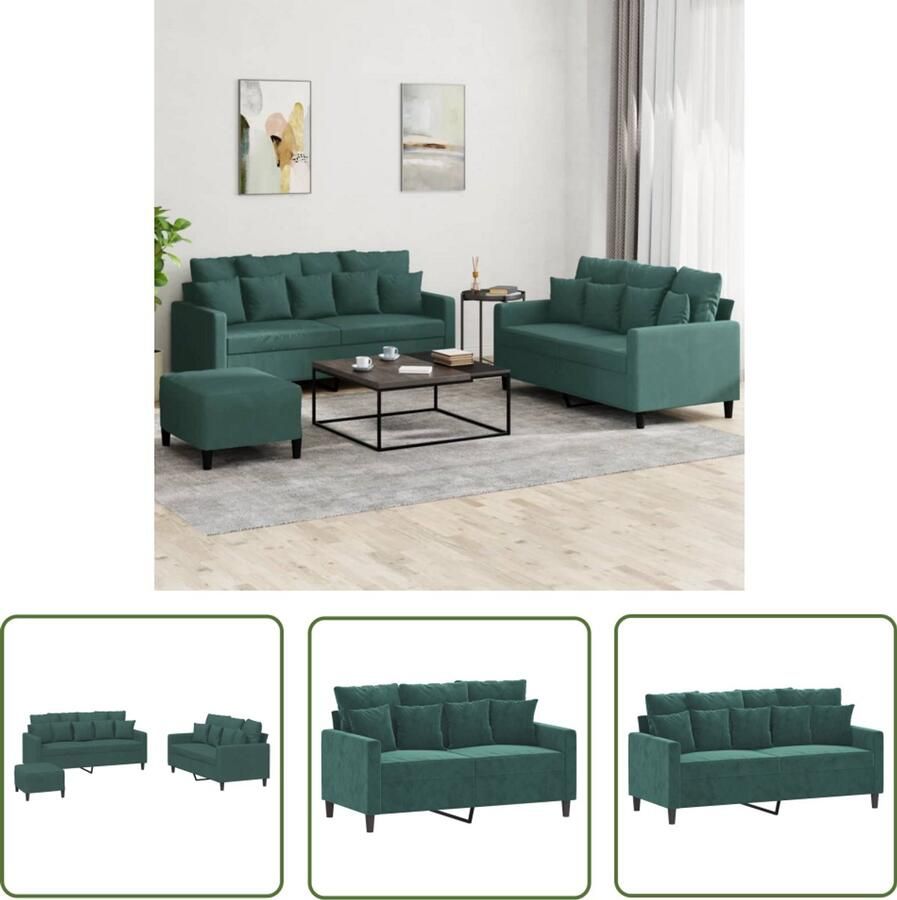 VidaXL Velours Bank Loungeset 3-delige Loungeset met kussens fluweel donkergroen Donkere Bank 2 Persoons Bank Salon Meubilair