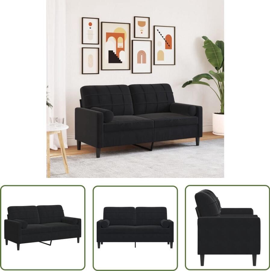 The Living Store Tweezitsbank met sierkussens 140 cm fluweel zwart Tweezitsbank Velours Bank Zwarte Bank Salontafel Woonkamer Meubels