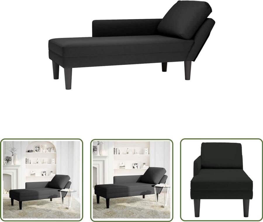 The Living Store Chaise longue met kussen en rechterarmleuning fluweel zwart Chaise Lounge Velours Fauteuil Relaxfauteuil Leesbank Zitzak