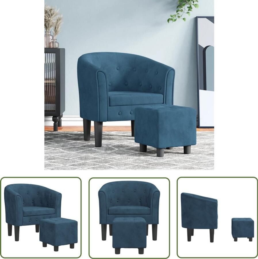 The Living Store Kuipstoel met voetenbank fluweel donkerblauw Kuipstoel Fauteuils Lounge Stoel Velours Stoel Donkere Kleuren